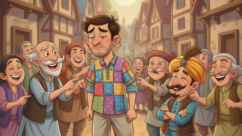 Manish has become an object of laughter in his new shirt, while people are pointing at his short shirt and laughing.