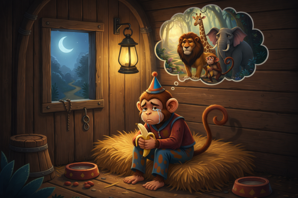 Tired and sad Chinku cries at night, remembering his forest home after performing for the magician.