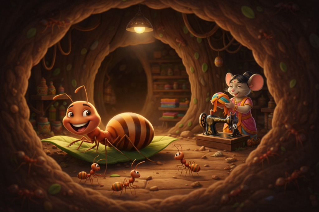 The mouse is measuring the queen ant's head with his tail.