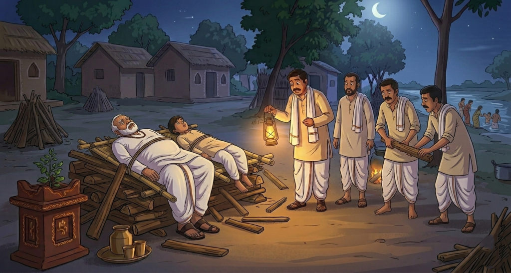 The uncle and nephew lay motionless on the pyre as villagers prepared for their cremation, yet neither broke their silence for fear of losing the laddus.