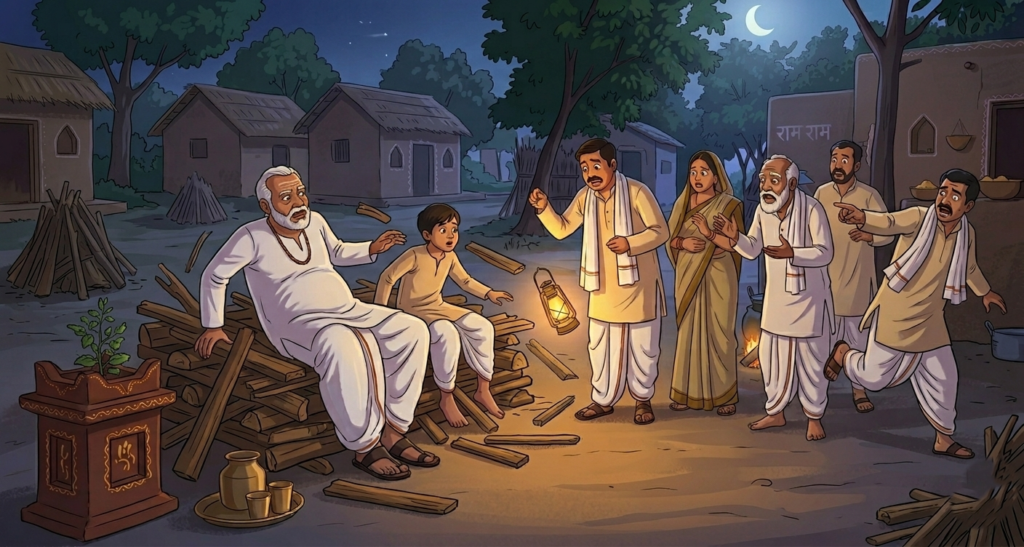 The uncle and nephew suddenly sat up on the pyre, causing the five men standing there to shout in fear, "Run, they're alive!" and flee from the spot.