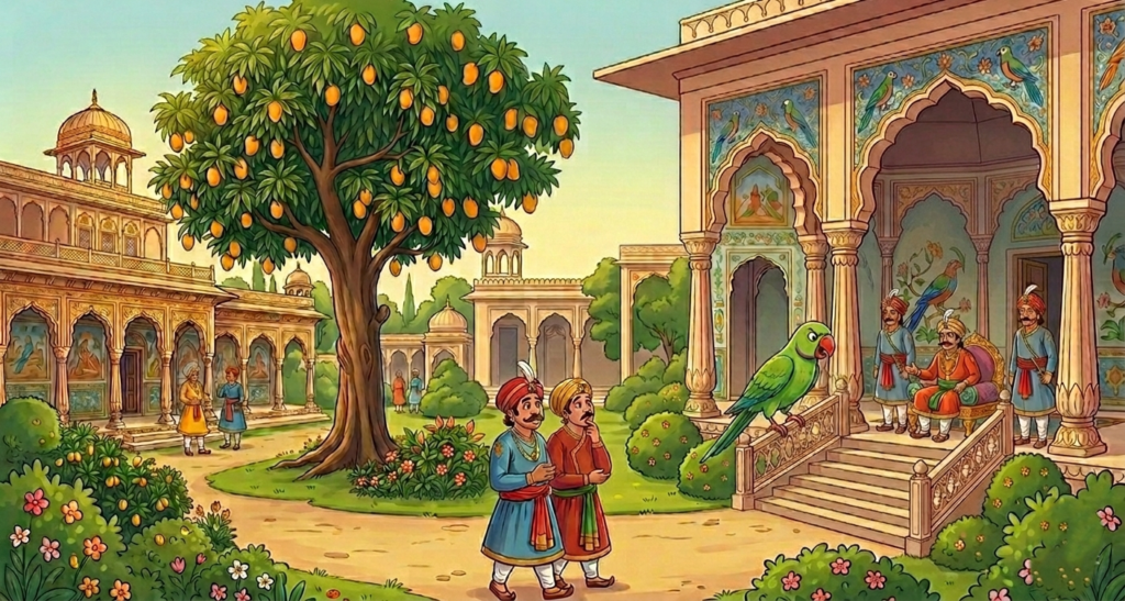 A parrot is asking a king why he lied, and the king is responding to him.