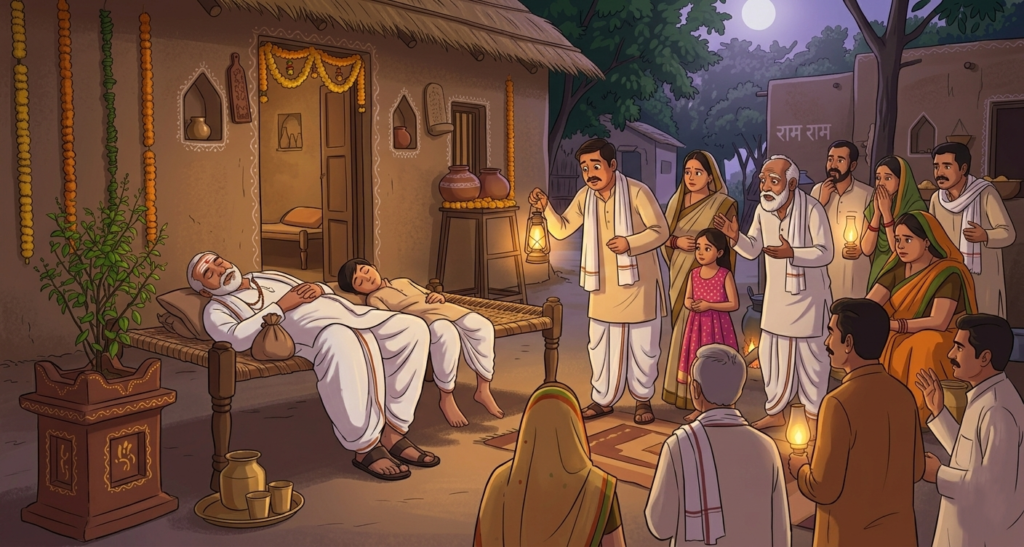 The uncle and nephew lay silently pretending to sleep, while the patron called out to them and the villagers gathered, speculating that a snake might have bitten them.