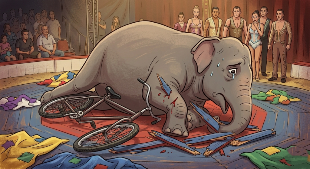 A circus elephant named Heera falls off a broken bicycle on stage, getting injured.