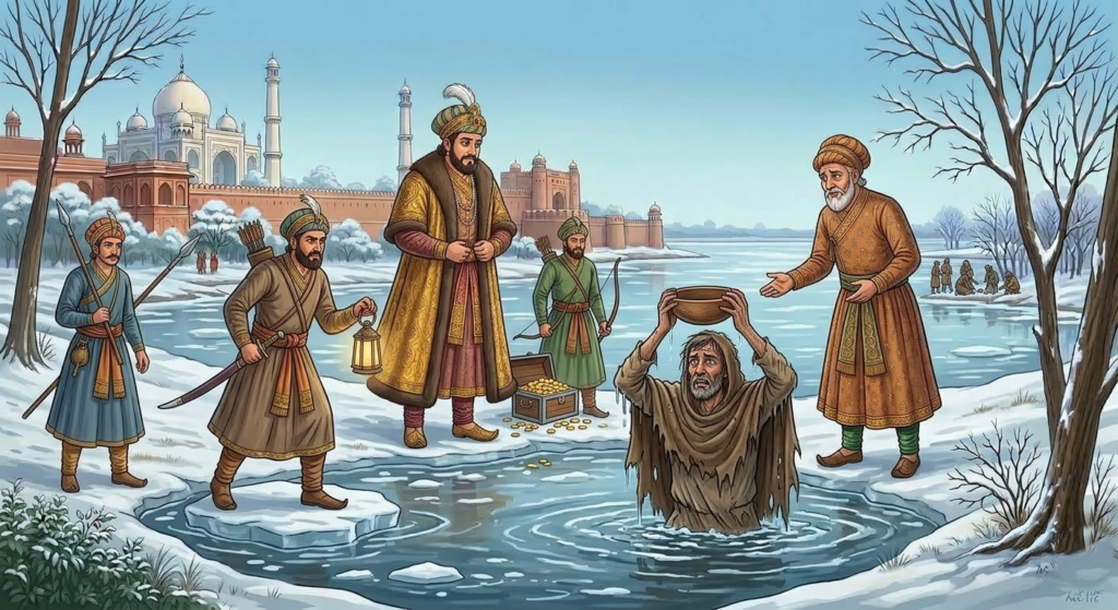 A beggar stands neck-deep in a freezing lake at night with royal guards watching from the shore.