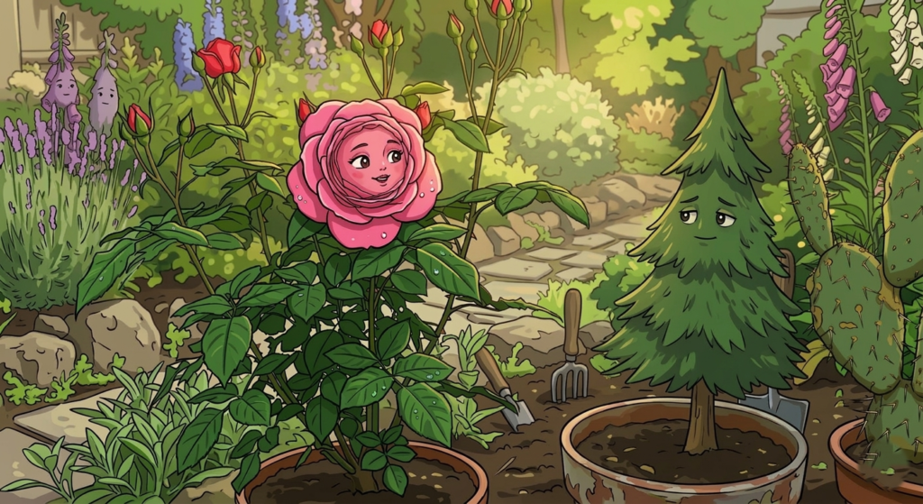 A single red rose blooms on a bush beneath a tall pine tree, listening to their conversation.