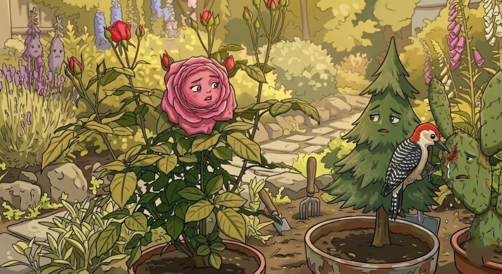 A bird pecks at a cactus to reach water inside while a wilted rose and a pine tree watch under the hot summer sun.