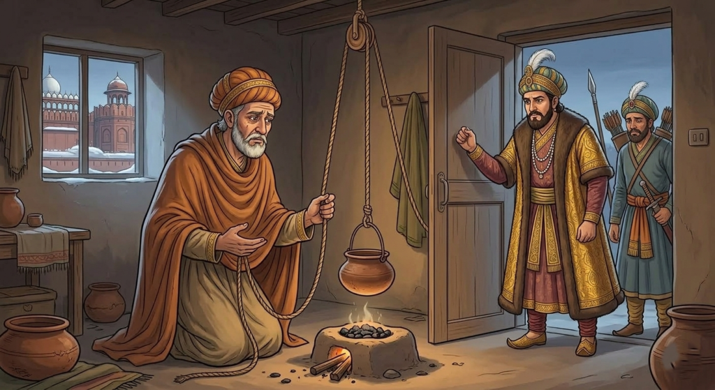 Akbar and his attendants laugh uncontrollably at Birbal, who is sitting by a fire with a cooking pot hanging impossibly high above the flames.