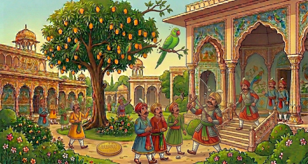 The king uses a slingshot to hit the parrot, but the pebble bounces back and hits him instead.